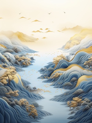 金蓝山景3D插画 — 流体摄影风格的磅礴妖娆之美