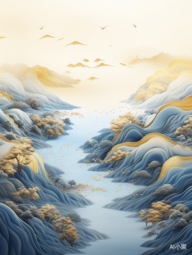 金蓝山景3D插画 — 流体摄影风格的磅礴妖娆之美