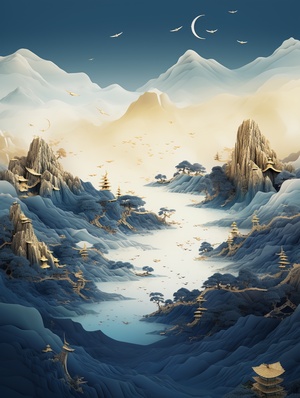 金蓝山景3D插画 — 流体摄影风格的磅礴妖娆之美