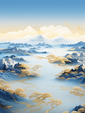 金蓝山景3d插画，以流体摄影风格，蓝金色，金蓝色细致入微，王希孟，北宋，千里江山，中国山水画，广角镜头，传统，磅礴，妖娆之美，象征主义，历史意义，文化底蕴，超高清画质，3D渲染