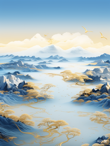 金蓝山景3D插画 — 流体摄影风格的磅礴妖娆之美