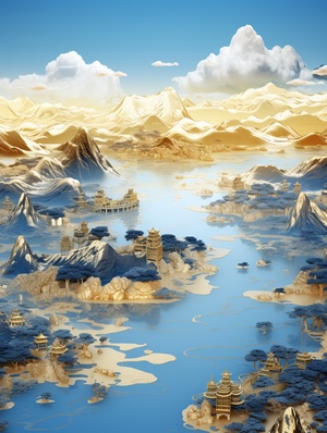 金蓝山景3D插画 — 流体摄影风格的磅礴妖娆之美