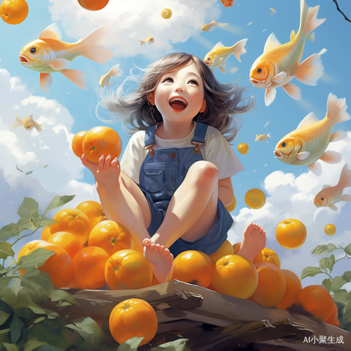 小女孩在橘林中欢乐蹦跳