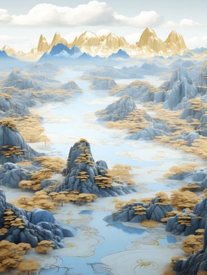 金蓝山景3d插画，以流体摄影风格，蓝金色，金蓝色细致入微，王希孟，北宋，千里江山，中国山水画，广角镜头，传统，磅礴，妖娆之美，象征主义，历史意义，文化底蕴，超高清画质，3D渲染