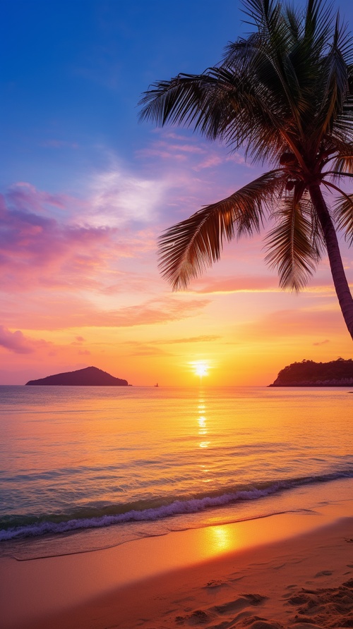 A serene beach at sunset, with golden sand stretching as far as the eye can see, gentle waves crashing onto the shore, a glowing orange sun sinking below the horizon, warm hues of pink and purple filling the sky, a solitary palm tree swaying in the breeze, fine art photography, shot with a wide-angle lens ar 16:9