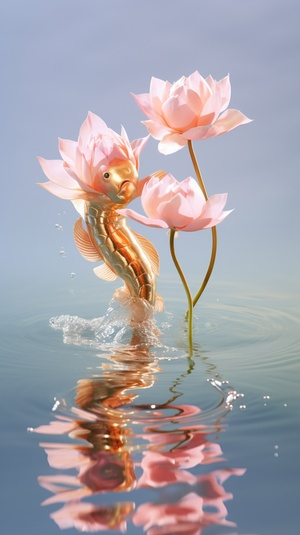 Surreal Beauty: Foil Fish and Lotus Flower in Harmonious Splendor