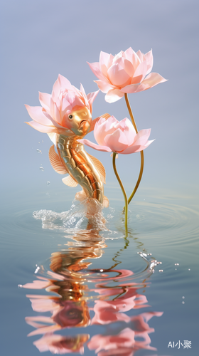 Surreal Beauty: Foil Fish and Lotus Flower in Harmonious Splendor