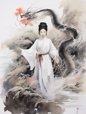 英俊少年乘龙翱翔：彩色水墨画描绘的武侠风格