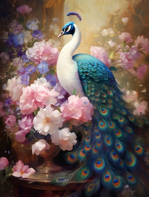 Peacock Online among Flowers-Peacock and Flowers Compare Beauty#Aipainting#花share #Peacockopens its tail #esthetic mood #aesthetic illustration design