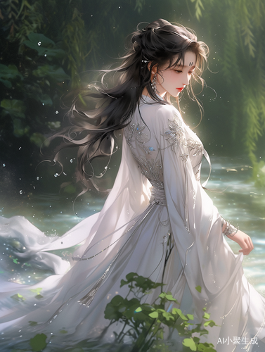 湖畔优雅女子，白裙微笑湿发