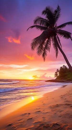 Serene Beach at Sunset with Golden Sand and Solitary Palm Tree