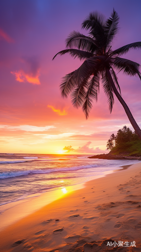 Serene Beach at Sunset with Golden Sand and Solitary Palm Tree