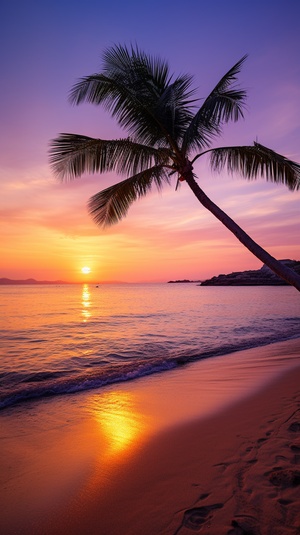 Serene Beach at Sunset with Golden Sand and Solitary Palm Tree