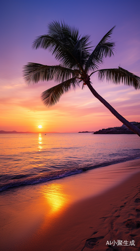 Serene Beach at Sunset with Golden Sand and Solitary Palm Tree