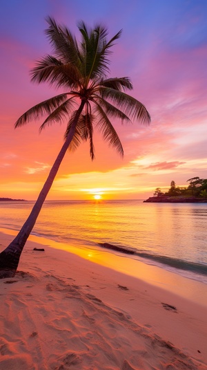 Serene Beach at Sunset with Golden Sand and Solitary Palm Tree