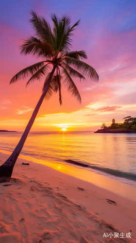 Serene Beach at Sunset with Golden Sand and Solitary Palm Tree