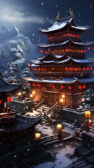 Snow-Covered Chinese Palace: A Serene Winter Wonderland