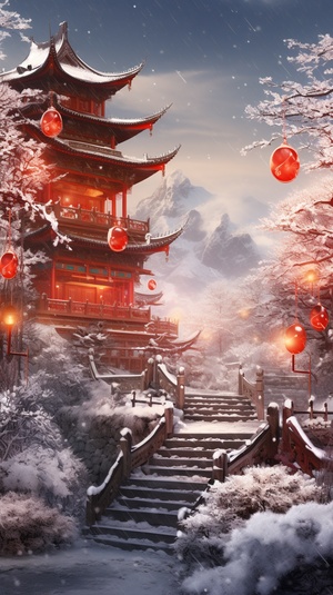 Snow-Covered Chinese Palace: A Serene Winter Wonderland