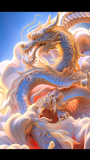 中国龙，纸雕效果，纹理清晰，生动形象，红色，金色,Blue and white porcelain dragon,thedragon hovers in the sky,Chinese dragon, Tin foilgold,grand scene,C4D rendering,Surrealism,masterworks, movie lighting, Ultra HD, fine details, colorgrading,32K HD ar 3:4v 6.0