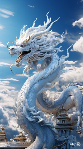 Blue and white porcelain dragon hovers in the sky