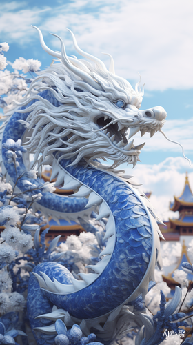 Blue and white porcelain dragon hovers in the sky