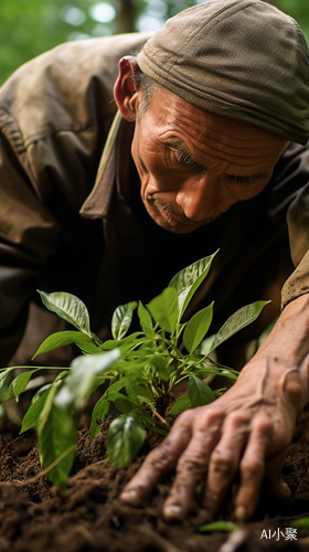 Close-Up of 60-Year-Old Chinese Farmer Digging for Medicinal Herb