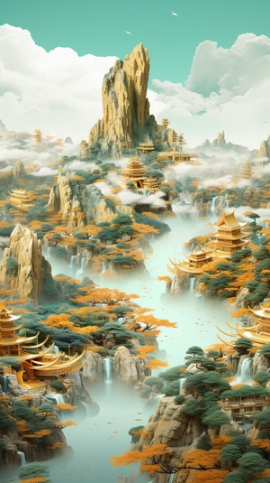 gold and green mountain 3d illustration, in the styleof fluid photography, orange and cyan, gold and cyanmeticulous and detailed, Wang Ximeng, NorthernSong Dynasty, Thousand-Mile Rivers and Mountains,Chinese landscape painting, traditional, vast andmajestic, enchanting beauty, symbolism, historicalsignificance, cultural heritage v 6.0