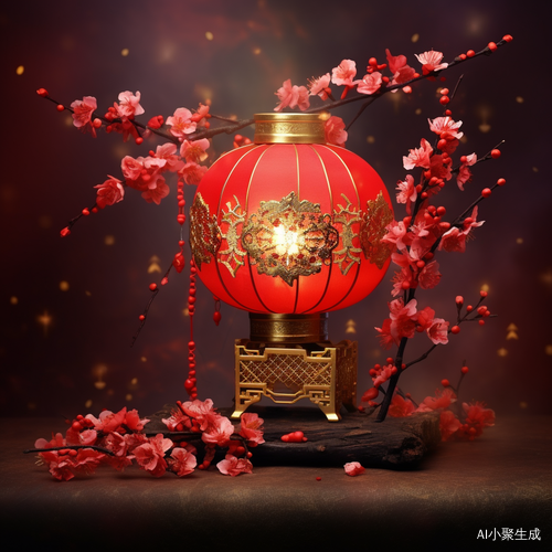 Chinese Traditional Red Icon Lantern with Plum Flowers, Firecrackers, Sparkles, and Lucky Bag