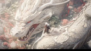 Extreme top view, distant view,Boy rides acomplete Chinese white dragon, dragon in chinesemythology,the dragon is kindombination of mysteryand ancient, epic, film lighting, redshift, blender,Thebottom of the screen is the human world,DJI droneperspective, magnificent, hyper-realistic, detaileddescription, UHD, 8K,photography photos,movie posterv 6.0