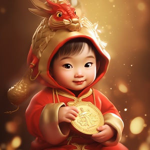 A cute Chinese baby wearing festive clothes and a red dragon-shaped hat, holding a gold ingot.