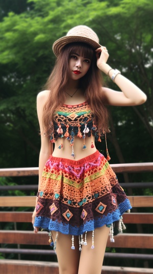 undefined crochet short knitting works, retro national headdress whole body national wind skirt beautiful face, colorful, full body photos, creative v 6.0ar 1:1