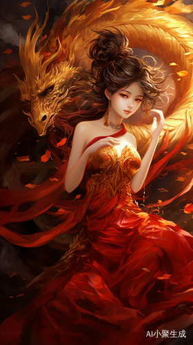 金色龙腾绘：神秘红衣少女与龙的华丽相遇