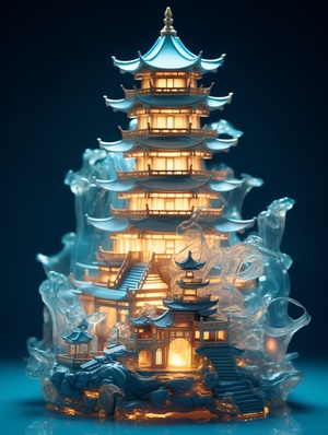 Delicate Fantasy Asian Pagoda with Layered Translucency