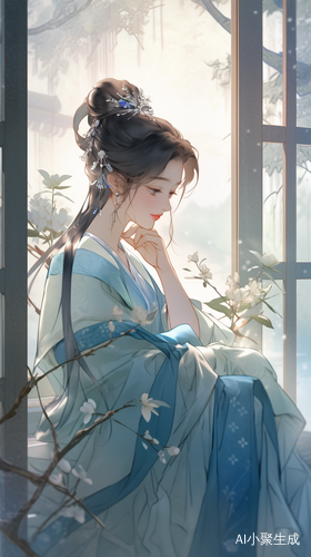湖蓝汉服美女窗边望远