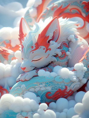 red dragon sleeping on clouds, translucent glasstexture, turquoise and gold style, anime aesthetics,zbrush, furry art, turquoise and white, elaborate design,whimsical cats, 3d, bubble mart, oc rendering, softlighting ar 6:9 s 250 v 6.0