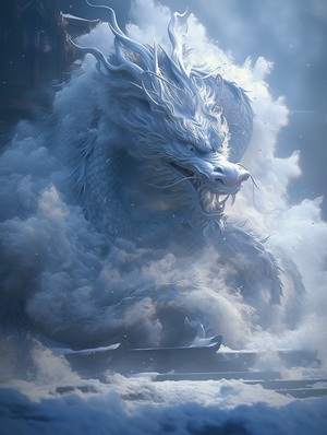 cinematic photo,Chineseancient mythological style,a blue OrientDragon,close-up,hyper-realism,sharpshot,cinematic,background is the sea,roaring waves,softlighting,soft shadows,vignette,highly detailed,highbudget,bokeh,epic,gorgeous,white fog, shallow depthof field,vignette, ar 3:4s 800v 6.0