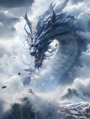 cinematic photo,Chineseancient mythological style,a blue OrientDragon,close-up,hyper-realism,sharpshot,cinematic,background is the sea,roaring waves,softlighting,soft shadows,vignette,highly detailed,highbudget,bokeh,epic,gorgeous,white fog, shallow depthof field,vignette, ar 3:4s 800v 6.0