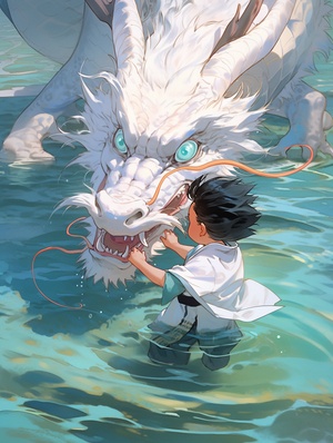 A white Chinese dragon swims on the lake, spittingwater out of its mouth, Chinese legendary dragon,Thedragon is very long. A boy wearing Tang Dynastycostume is about to touch the dragon with his hand.A circle of ripples is formed on the water Droneperspective, blue-greenlake water, Chinese MartialArts World, Chinesemythological scenes, Bright colors,SunlightTransparent lake water, megalophobia, byTsuiHark, Chinese movie Big Fish and Begonia,Thereare leaves in the corners of the composition,Verydesign compos