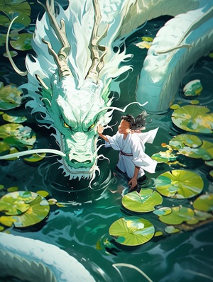 A white Chinese dragon swims on the lake, spittingwater out of its mouth, Chinese legendary dragon,Thedragon is very long. A boy wearing Tang Dynastycostume is about to touch the dragon with his hand.A circle of ripples is formed on the water Droneperspective, blue-greenlake water, Chinese MartialArts World, Chinesemythological scenes, Bright colors,SunlightTransparent lake water, megalophobia, byTsuiHark, Chinese movie Big Fish and Begonia,Thereare leaves in the corners of the composition,Verydesign compos