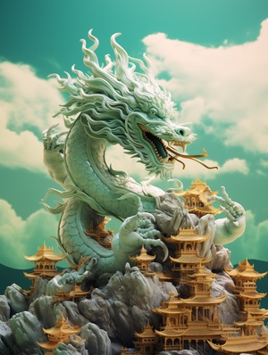 Super High Detail 3D Rendering of Miniature Landscape with Golden Dragon