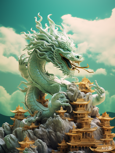 Super High Detail 3D Rendering of Miniature Landscape with Golden Dragon