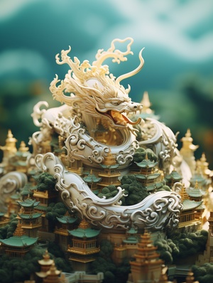 miniature landscape,golden dragonon clouds,jade sculpture,zbrush,green andgold style,anime aesthetics,furry art,cyan andwhite,elaborate,3d,c4d rendering,8k,super high detail，3D渲染