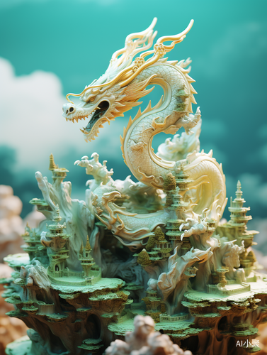 Super High Detail 3D Rendering of Miniature Landscape with Golden Dragon