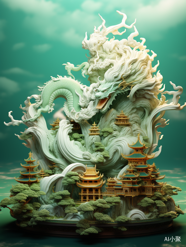 Super High Detail 3D Rendering of Miniature Landscape with Golden Dragon