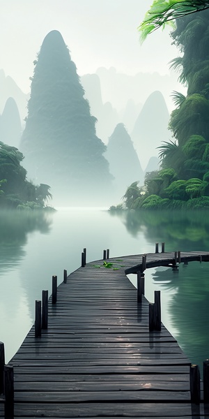 This is a landscape photo with a bamboo raft in Guilin in the foreground and a misty landscape in the distance. The emerald green lake water sets off a peaceful atmosphere, with a refreshing and soothing overall tone. 4K, best quality, high resolution. Original style-