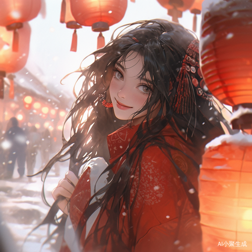 新年头像：明媚笑容、红色衣服、雪景灯笼