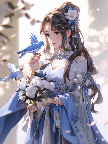 Chinese Lady: Anime Art with Blue Dress and Long Hair