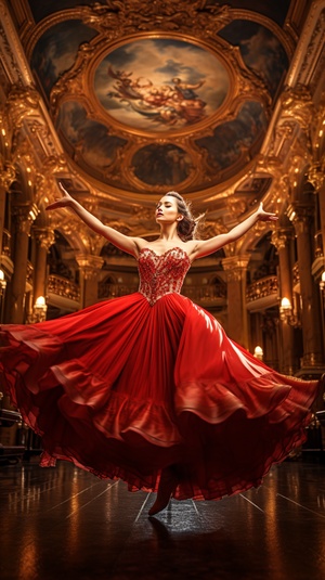 Graceful Ballerina in Vibrant Red Dress: Capturing Anticipation and Excitement in a Grand Opera House