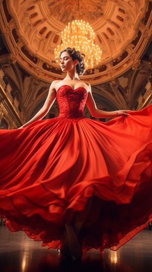 A graceful ballerina in a vibrant red dress leaps through the air, with her arms extended gracefully and her toes pointed, surrounded by a grand opera house filled with ornate gold decorations and elegant chandeliers, a sense of anticipation and excitement fills the air, captured with a wide-angle lens to capture the full grandeur of the scene, realistic 亚洲面孔！