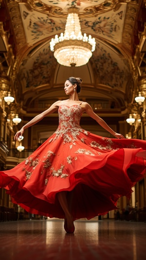 Graceful Ballerina in Vibrant Red Dress: Capturing Anticipation and Excitement in a Grand Opera House